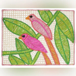Rare Mercedes Salazar Maria Rectangular Individual Raffia Pink Bird Placemat EUC